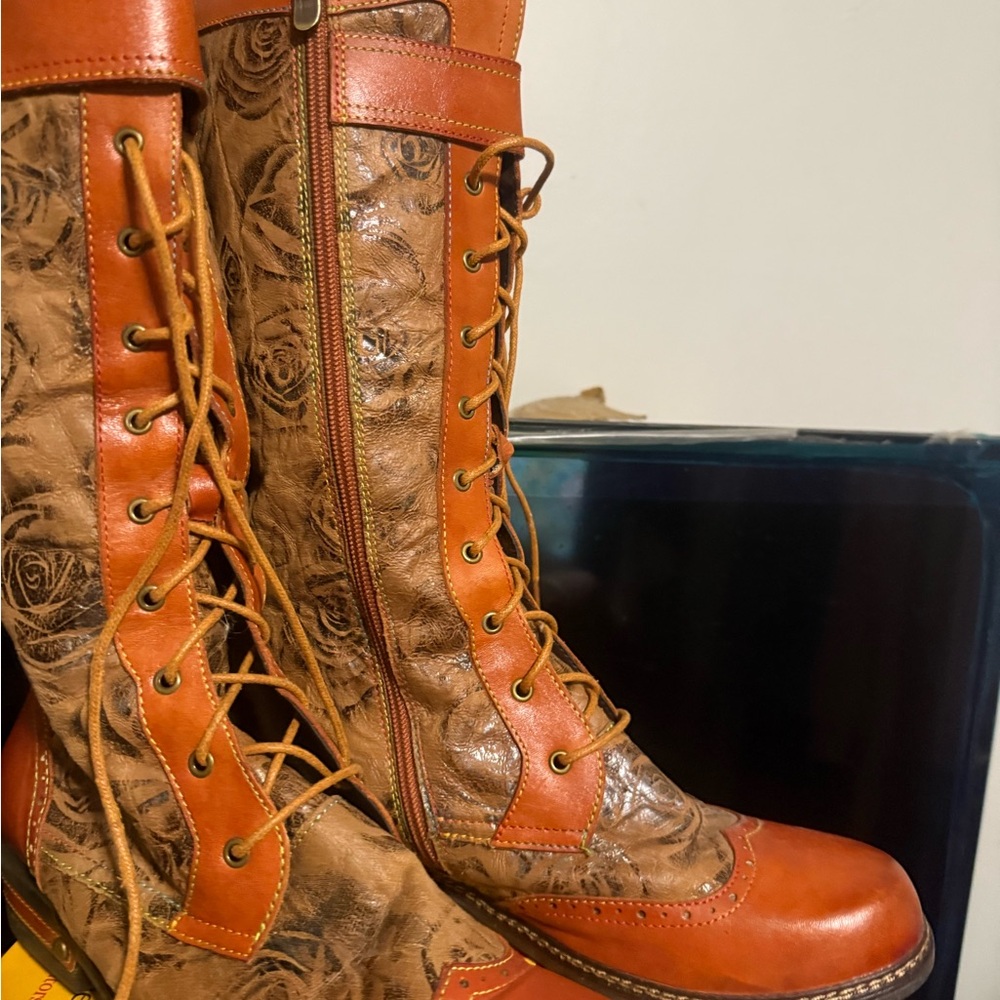 Classic Brown and Tan Lace Up Boots with Brogue Detailing